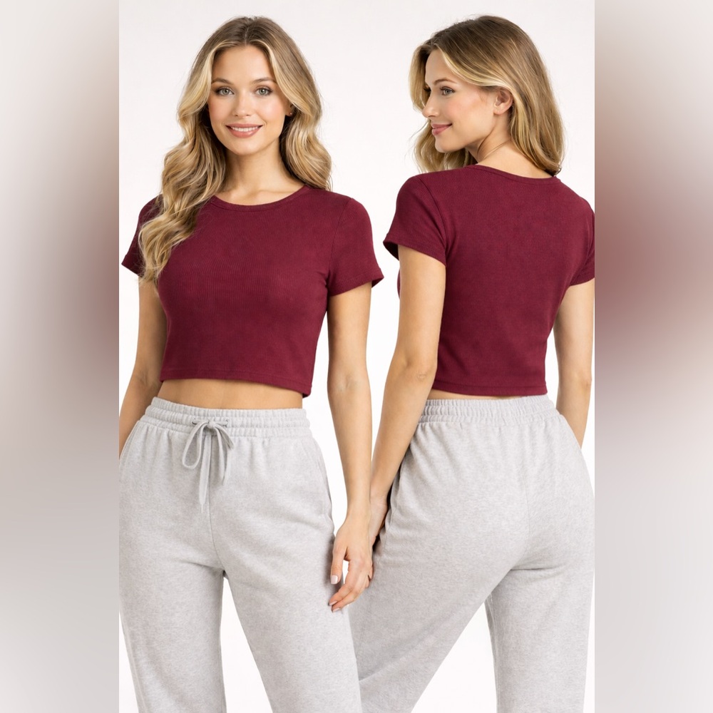 Halara‎ Ribbed Crop Top XS NWT Maroon Short Sleeve